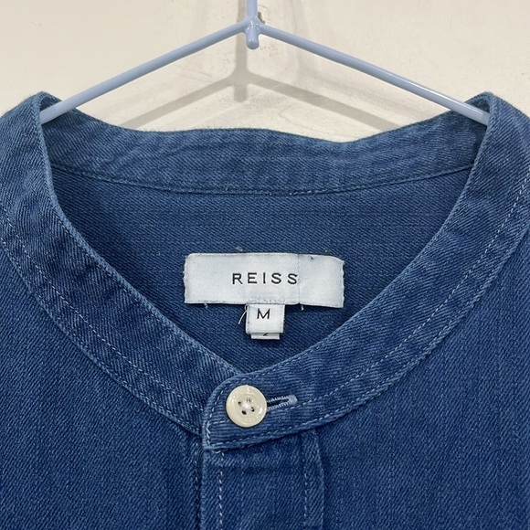 Reiss Caffrey Textured Grandad Collar Shirt Denim Navy Blue M - Picture 7 of 13